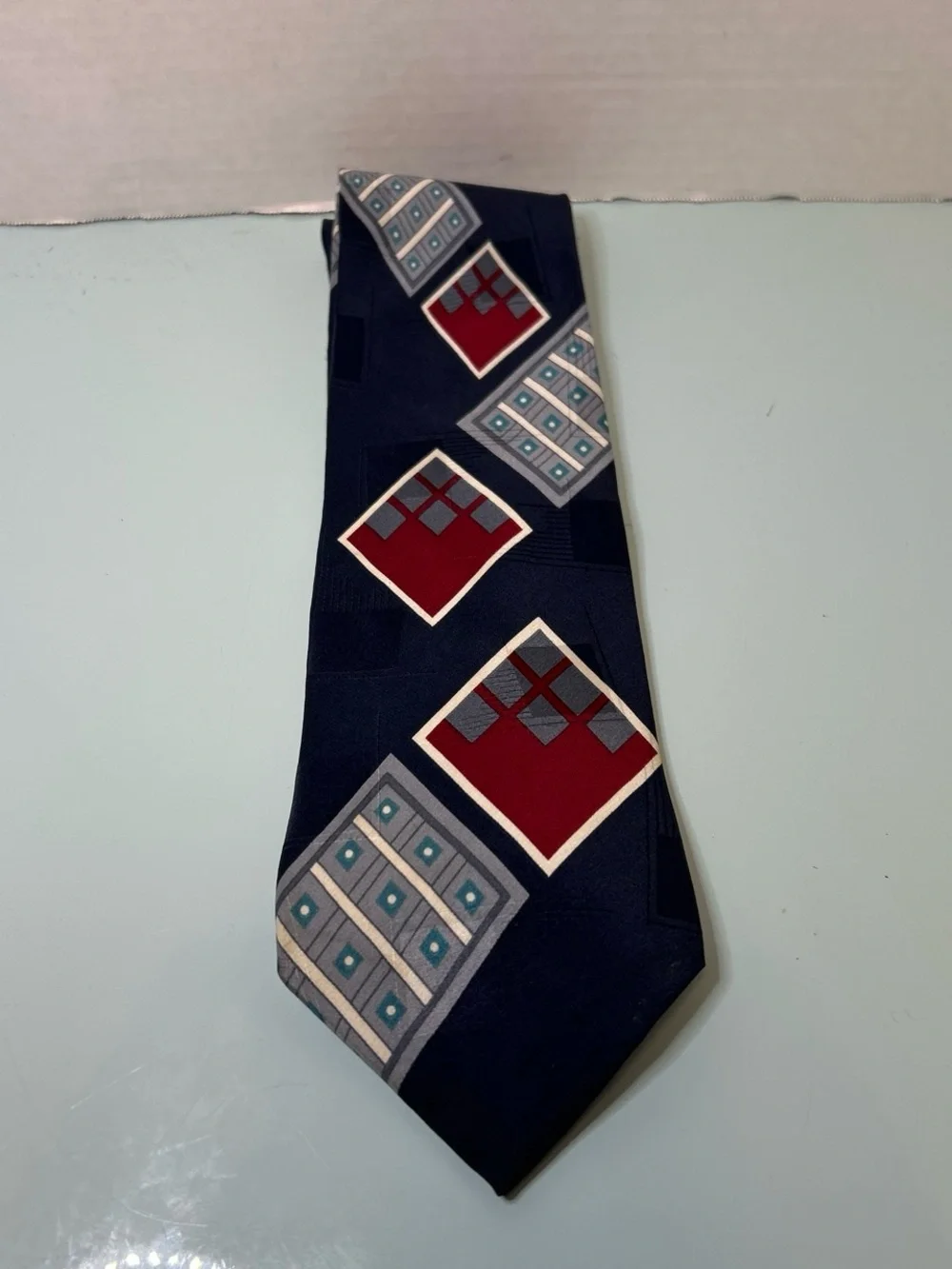 Navy Geometric Tie with Red Diamond Accents